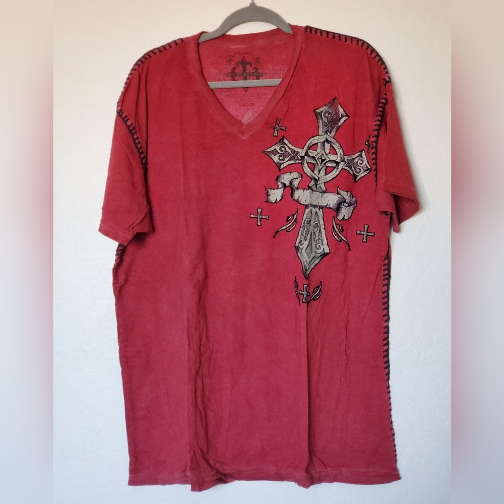 Raw State Redemption Red Y2K Iron Cross Wing Graphic V-Neck Shirt Men's Size 2XL